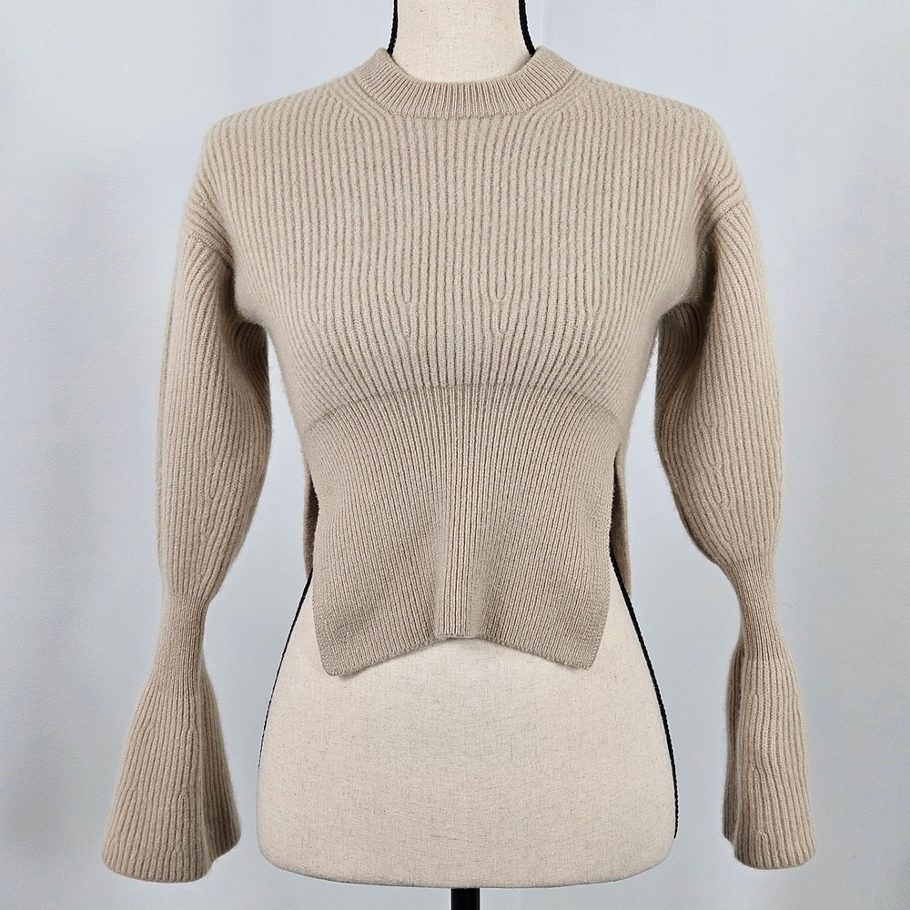 Alexander Wang Sweater XS Beige Ribbed Wool Cashmere Bell Sleeve Slit FLAW